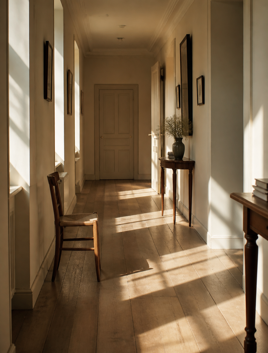 Warm window light in a quiet hallway